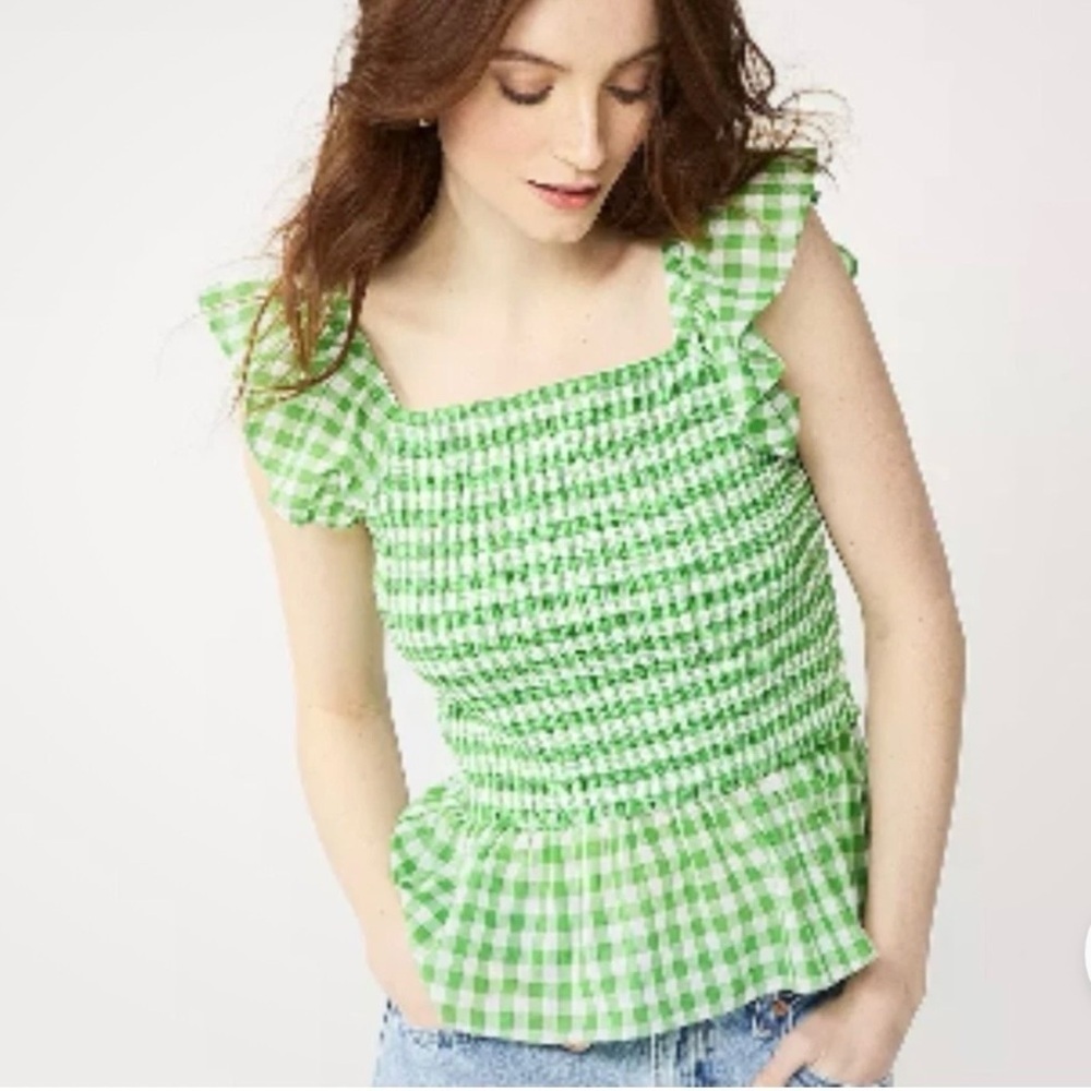 Draper James RSVP Peplum Women’s Top Green Gingham Checkered Smocked Blouse Sz L